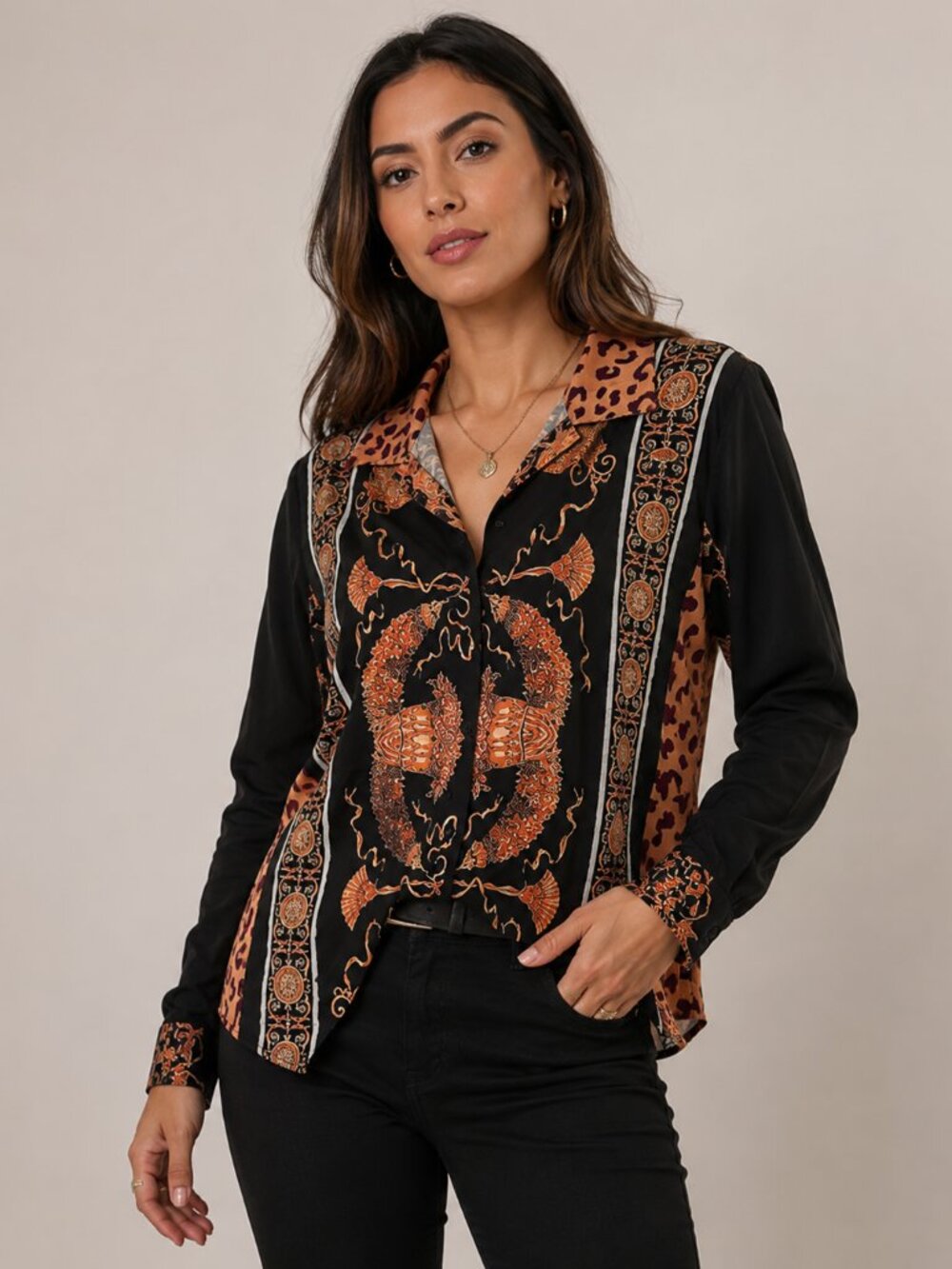 Women’s Shein Black Baroque Print Button-Up Shirt with Leopard Collar – Size M